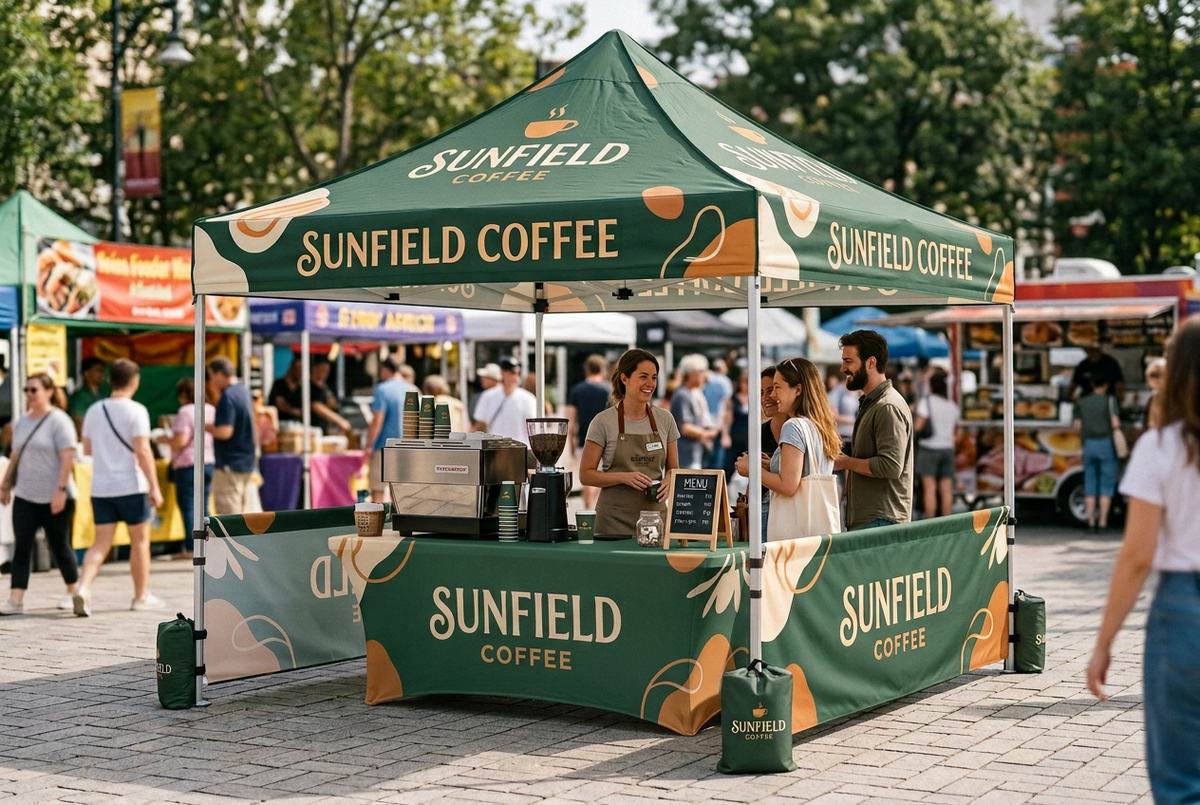 Sunfield Coffee vendor serving customers beneath a green branded canopy with a matching tablecloth at an outdoor market.