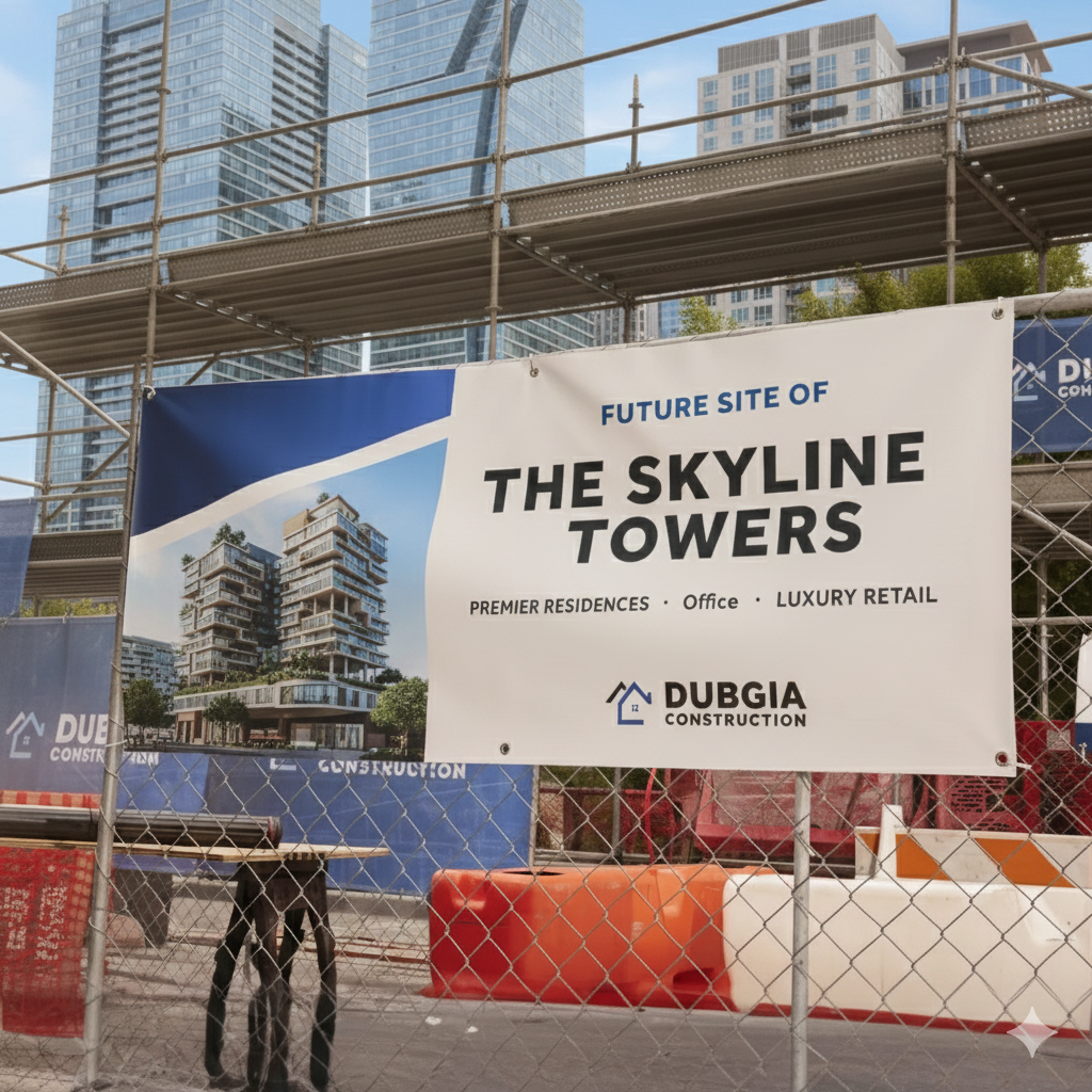 Construction site with 'Future Site of The Skyline Towers' sign and Dubgia Construction branding.