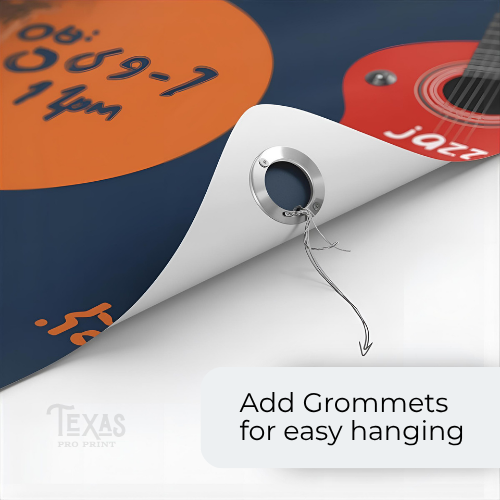 Grommets for easy hanging on a printed material with a guitar design in the background.