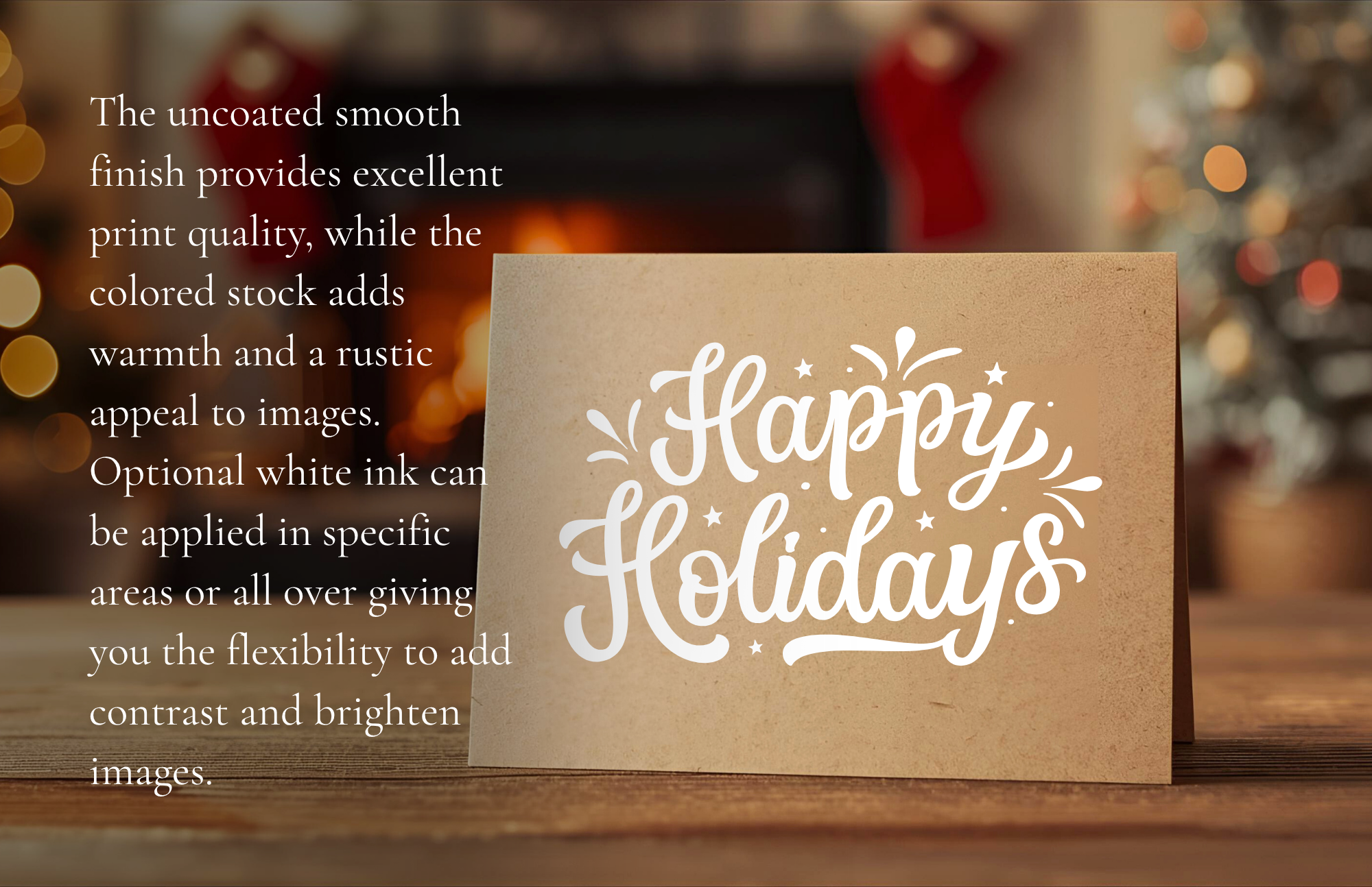 Brown paper card with 'Happy Holidays' text on a festive background