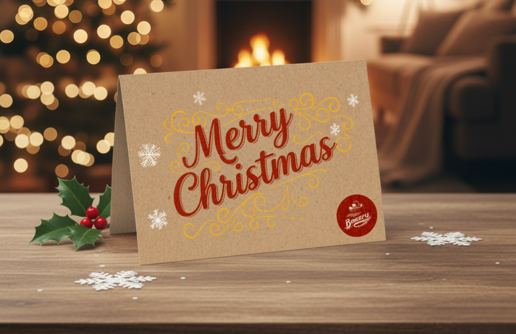 Merry Christmas card on a wooden table with festive decorations and blurred background