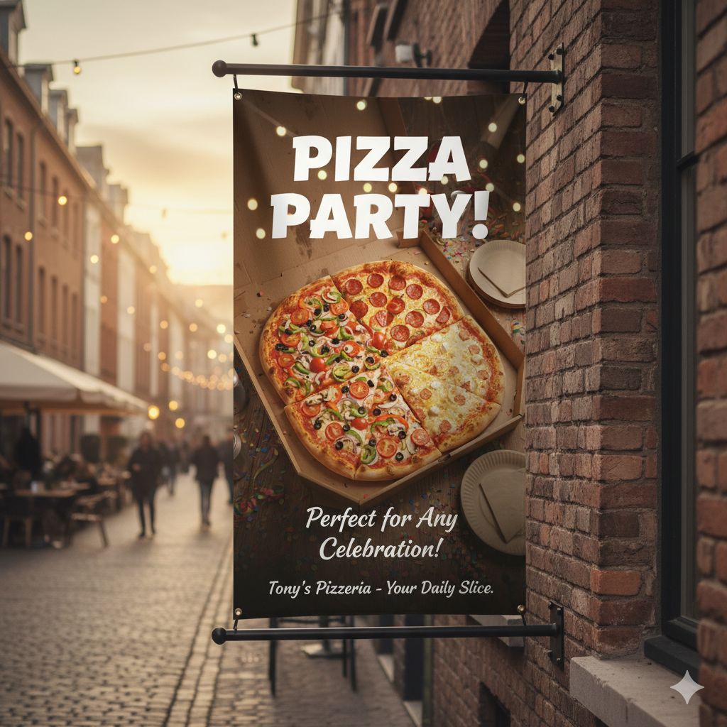 Outdoor sign for Tony's Pizzeria advertising a pizza party with images of pizzas on a city street.