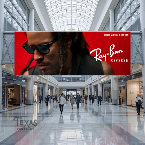 Mall interior with a Ray-Ban advertisement featuring a person wearing sunglasses.