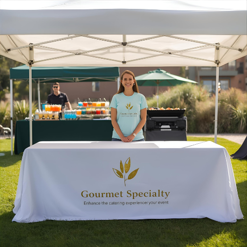 Person standing behind a table with 'Gourmet Specialty' branding at an outdoor event.