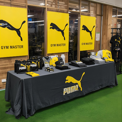 Puma branded display with table and merchandise in a store setting